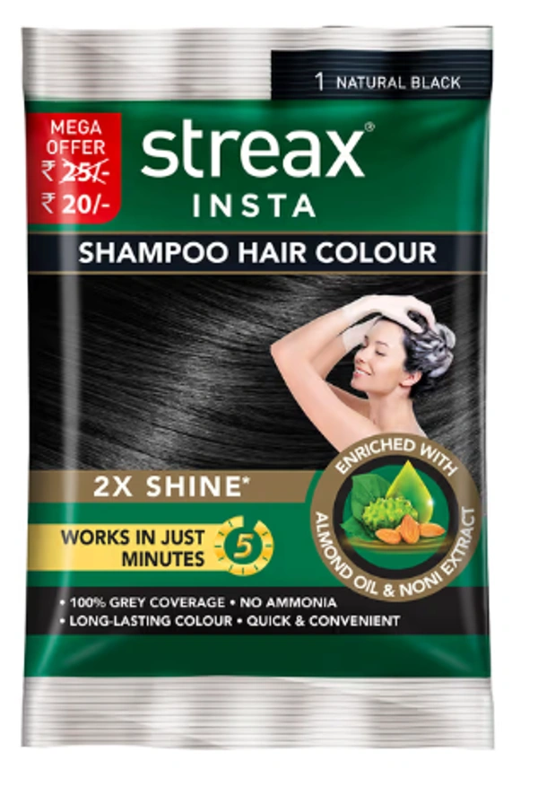 Streax Insta Shampoo Hair Colour (Natural Black) - ₹20 (Pack Of 8) - 