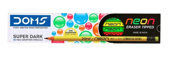 Doms  Neon R/T New HB/2 Point Graphite Round Black Pencil 10 Pcs with Free Sharpener