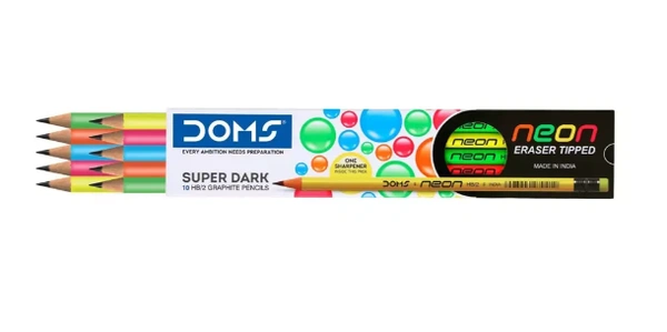 Doms  Neon R/T New HB/2 Point Graphite Round Black Pencil 10 Pcs with Free Sharpener
