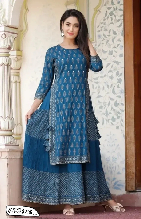 Stylish Blue Rayon Ethnic Motif Layered Kurta For Women - XL
