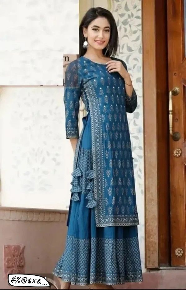 Stylish Blue Rayon Ethnic Motif Layered Kurta For Women - XL