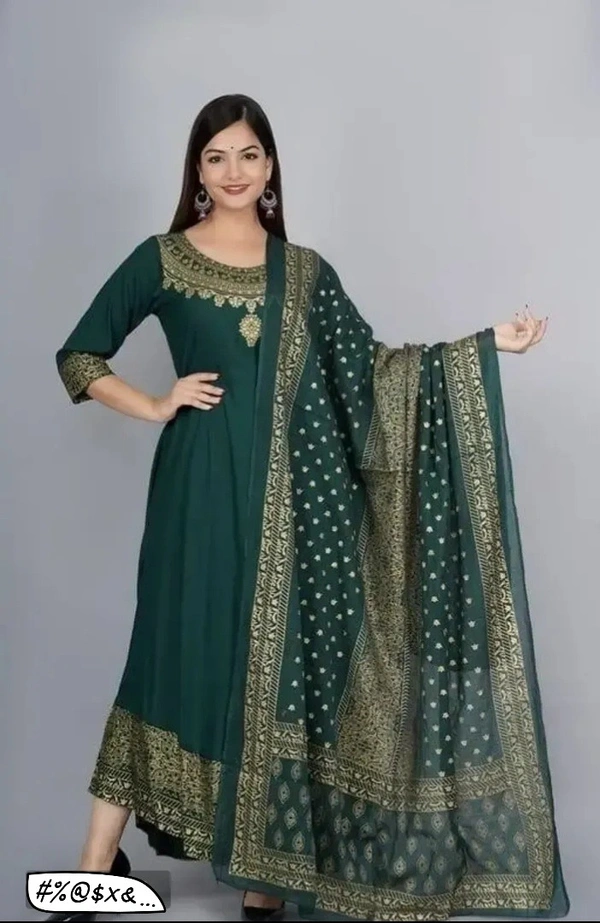 Elegant Rayon Green Round Neck 3/4 Sleeve Printed Kurta Set With Dupatta Set For Women - S