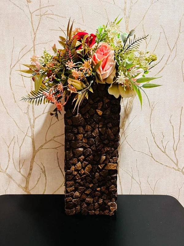 Coconut Shell Vase with Rose Bouquet (Shop the Look) - 16 Inch, Multicolor, Wood & Others