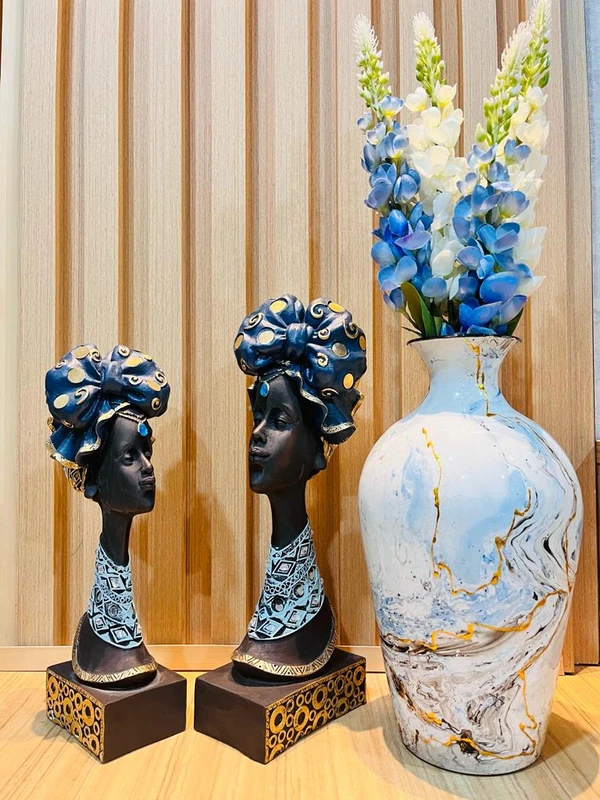 African Women Set with Vase Arrangement (Shop the Look) - 24 Inch, Curious Blue, Polystone, Metal & Others