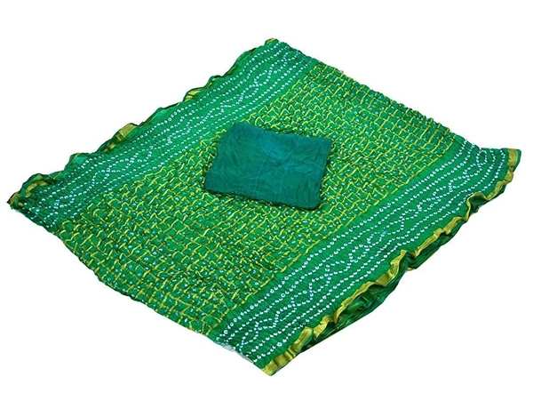 PK HUB®Women's Silk Gadhchola Bandhani Saree Rajasthani Bandhej With Zari Checks Saree With Blouse and Washable - GREEN