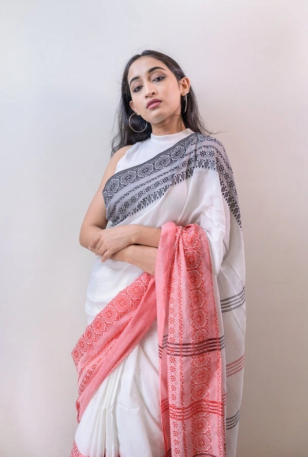 Handloom Multi Border Begampuri Work Cotton Saree