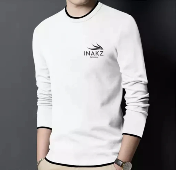 INAKZ Mens Round Neck Printed Cotton Blend Full Sleeve Grey Korean Style Trending T-Shirt - White, S