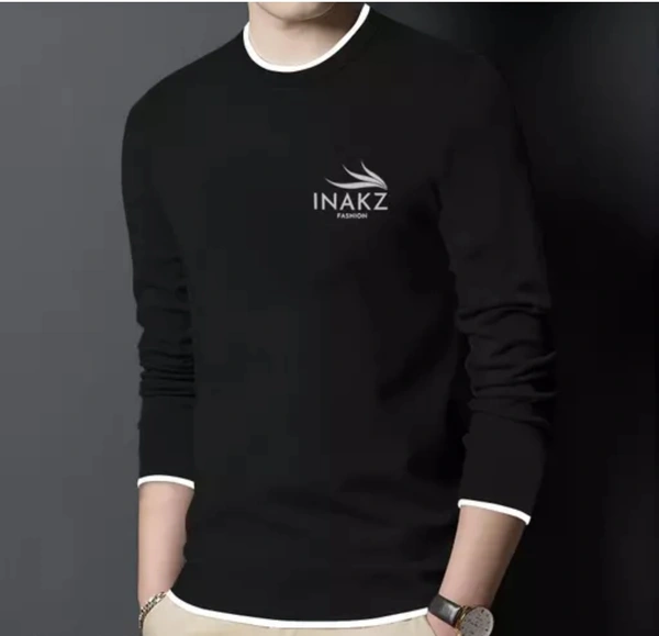 INAKZ Mens Round Neck Printed Cotton Blend Full Sleeve Grey Korean Style Trending T-Shirt - Black, XXL