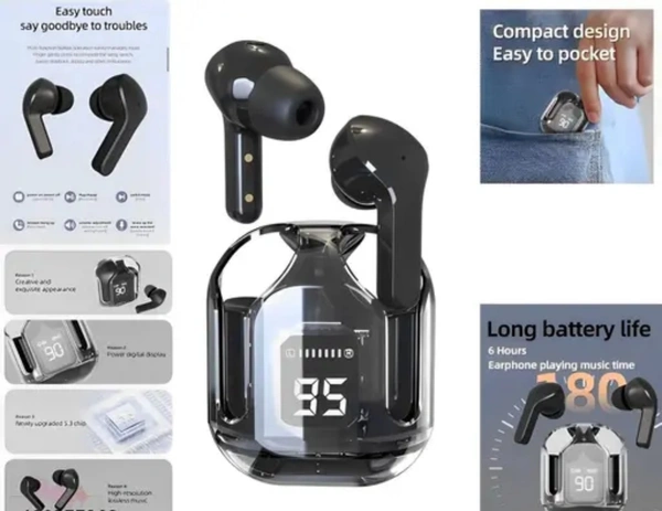 TWS Ultrapods TWS Earbud, Bluetooth Headset with Display, Transparent Design, 30 Hrs Playtime with Fast Charging, Bluetooth 5.3 + ENC, 13mm HD BASS Drivers, IPX7 Sweat-Proof, Built-in Mic (BLACK) - Free Size, Black