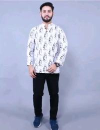 Mahadev print short kurta for men full sleeves kurta Trishul Mahakal design with fine stitching and 100% fine quality cotton fabric  - L