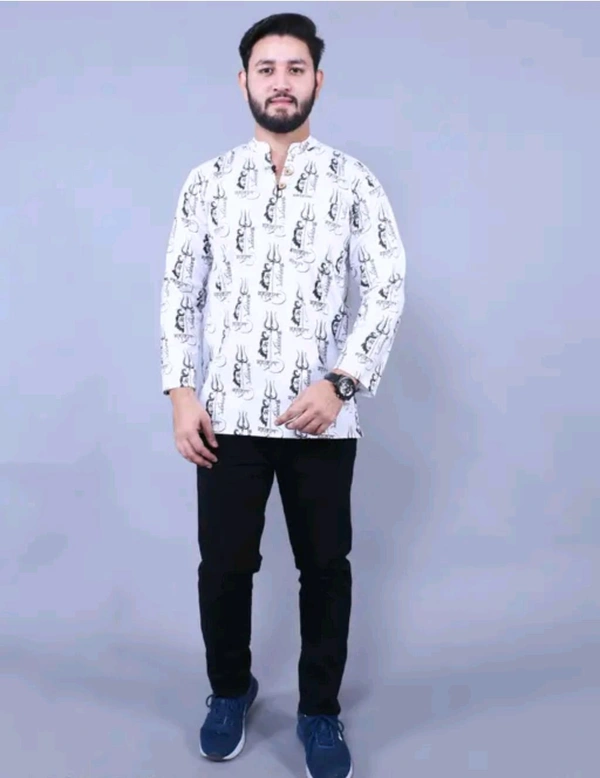 Mahadev print short kurta for men full sleeves kurta Trishul Mahakal design with fine stitching and 100% fine quality cotton fabric  - L