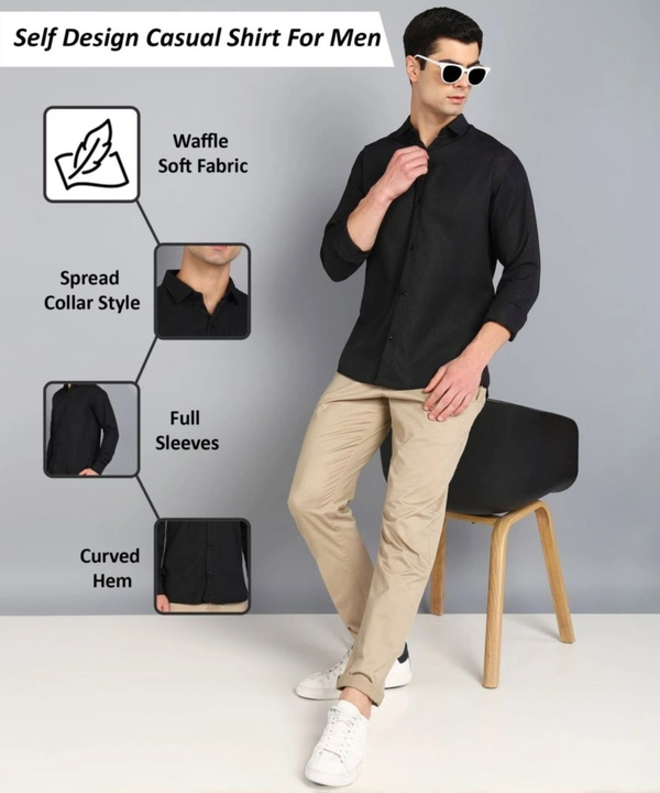 *💞💞 MEN'S PRIMIUM LOOKING FULL SLEEVE WAFFLE FABRIC Black Plan  SHIRT* - M