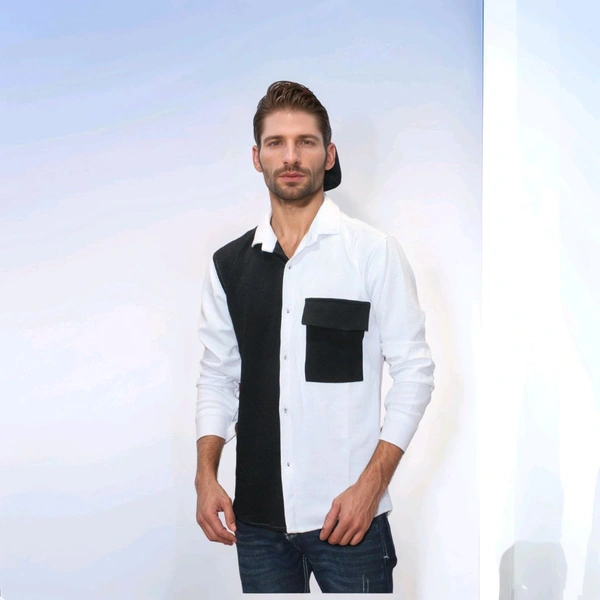 Regular Fit Shirt Black White Colour & Chest Pocket On Life Side - L