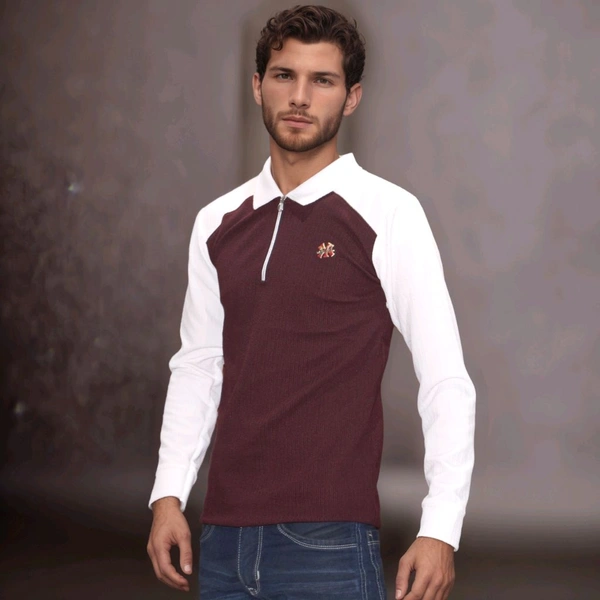 Full Sleeve Front Side Zip With Collar Men T Shirt Premium Quality  - L