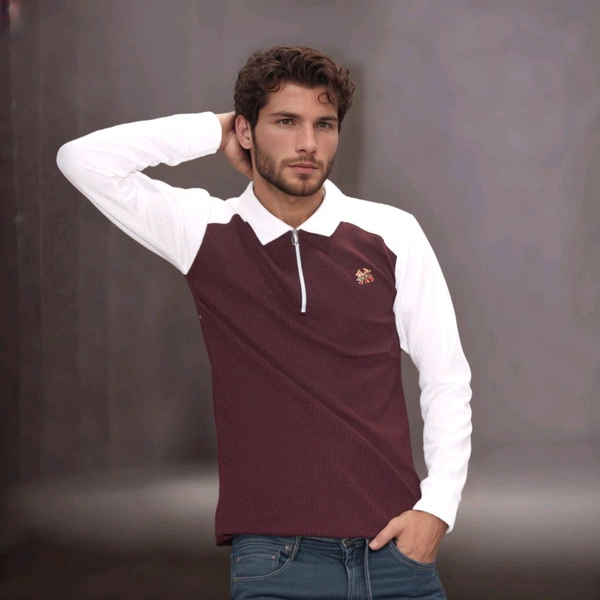 Full Sleeve Front Side Zip With Collar Men T Shirt Premium Quality  - XL
