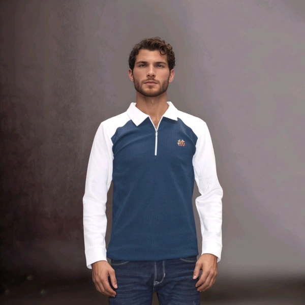 Full Sleeve Front Side Zip With Collar Men T Shirt Premium Quality  - L