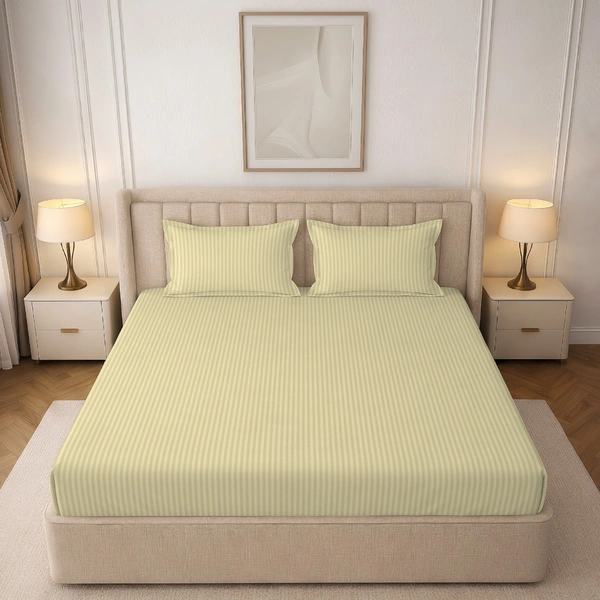 MORADO Premium Glace Cotton Stripe Double Fitted Bedsheet With 2 Pillow Covers for Home/Hotels/Guest House (72x78x8) Inches-Beige