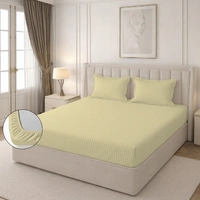 MORADO Premium Glace Cotton Stripe Double Fitted Bedsheet With 2 Pillow Covers for Home/Hotels/Guest House (72x78x8) Inches-Beige