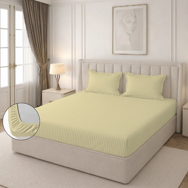 MORADO Premium Glace Cotton Stripe Double Fitted Bedsheet With 2 Pillow Covers for Home/Hotels/Guest House (72x78x8) Inches-Beige