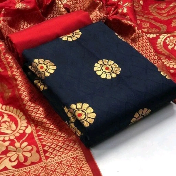 Silk Chudi Materials - dark blue with red