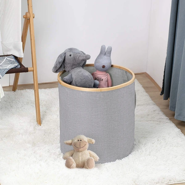 LUXE HOME INTERNATIONAL Laundry Basket for Clothes Foldable, Waterproof Premium Bamboo Laundry Basket with Lid, Perfect for Bathroom, Bedroom, Kitchen (Round) Grey - 45x45x50 cm, Gray, ‎Lx_Landry Round Basket_Grey