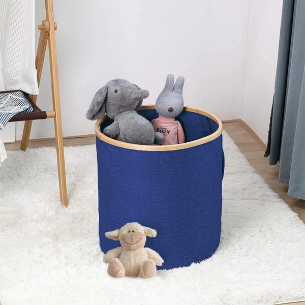 LUXE HOME INTERNATIONAL Round Fabric Storage Basket with Bamboo Handles - Durable Toy Organizer and Laundry Hamper - Collapsible Blue Storage Bin for Kids' Room, Nursery, and Home - 45x50 cm, Navy