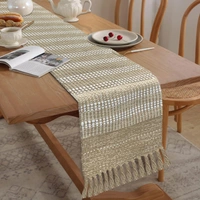 LUXE HOME INTERNATIONAL Elegant Beige and White Woven Table Runner with Tassels - 100% Cotton Jute-Look, 13 x 74 Inch, Stripe - Perfect for Dining Table, Center Table, Décor - 13x74 Inch, Beige