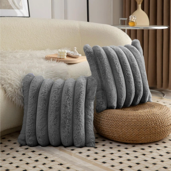 LUXE HOME INTERNATIONAL Luxurious Plush Cushion Covers Set of 2, 16x16 Inch, Soft Faux Fur Decorative Cushion Covers for Sofa, Chair, Bed, and Bedroom - Ideal for Kids, Cozy - 16"x16", Grey