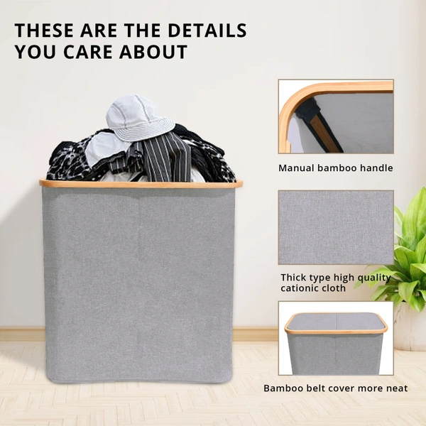 LUXE HOME INTERNATIONAL Laundry Basket for Clothes, Premium Bamboo Storage Bag with Lid Multipurpose Used In Laundry Rooms, Bedrooms, Bathrooms (40x45x33 cm, Grey) - 40X33X45CM, Grey