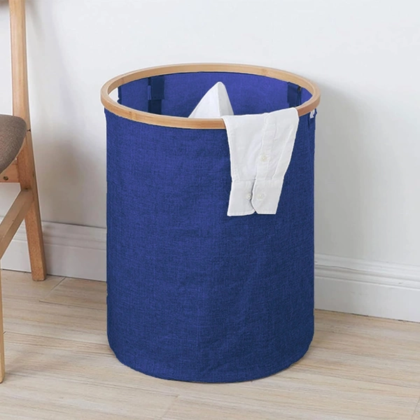 LUXE HOME INTERNATIONAL Round Fabric Storage Basket with Bamboo Handles - Durable Toy Organizer and Laundry Hamper - Collapsible Blue Storage Bin for Kids' Room, Nursery, and Home - 45x50 cm, Navy