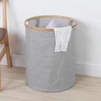 LUXE HOME INTERNATIONAL Round Fabric Storage Basket with Bamboo Handles - Durable Toy Organizer and Laundry Hamper - Collapsible Blue Storage Bin for Kids' Room, Nursery, and Home - 45x50 cm, Grey
