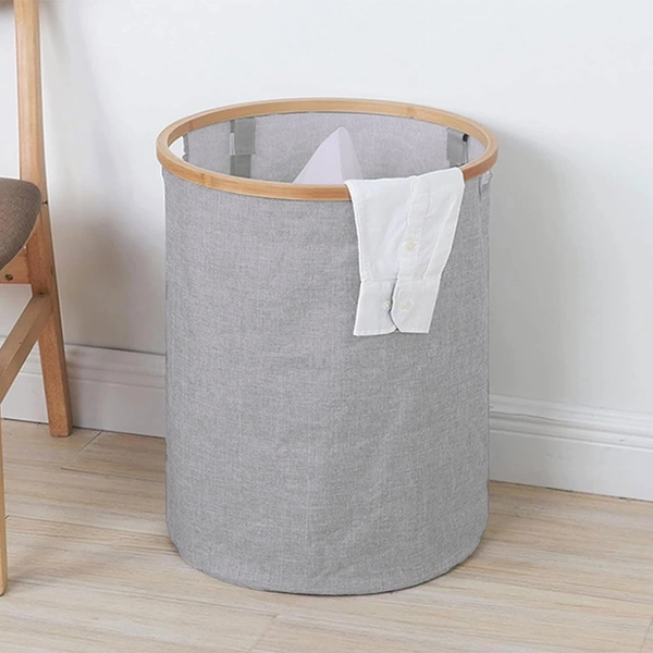 LUXE HOME INTERNATIONAL Round Fabric Storage Basket with Bamboo Handles - Durable Toy Organizer and Laundry Hamper - Collapsible Blue Storage Bin for Kids' Room, Nursery, and Home - 45x50 cm, Grey
