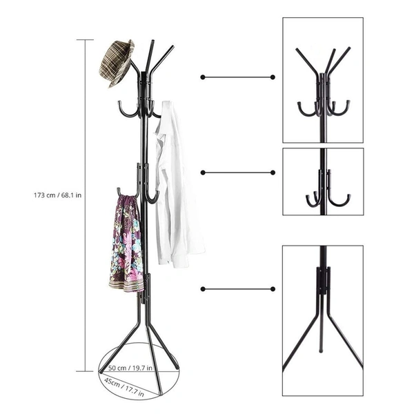 LUXE HOME INTERNATIONAL Coat Rack Hanger Stand with Hooks for Clothes, Bedroom Corner, Living Room, Office (Black) - 170 x 45 x 45 cm, Black
