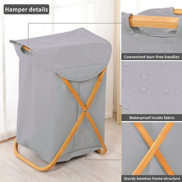 LUXE HOME INTERNATIONAL Laundry Basket for Clothes, Premium Bamboo Big Storage Bag with Lid Multipurpose Used In Laundry Rooms, Bedrooms, Bathrooms - 40x70 cm, Grey