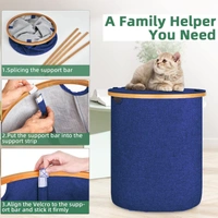 LUXE HOME INTERNATIONAL Round Fabric Storage Basket with Bamboo Handles - Durable Toy Organizer and Laundry Hamper - Collapsible Blue Storage Bin for Kids' Room, Nursery, and Home - 45x50 cm, Navy
