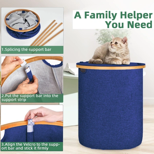 LUXE HOME INTERNATIONAL Round Fabric Storage Basket with Bamboo Handles - Durable Toy Organizer and Laundry Hamper - Collapsible Blue Storage Bin for Kids' Room, Nursery, and Home - 45x50 cm, Navy