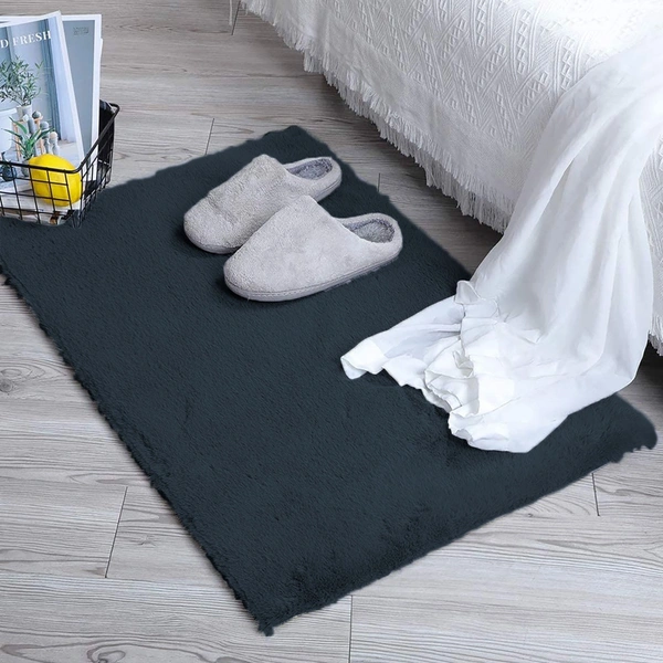 LUXE HOME INTERNATIONAL Ruffle Bath Mat Rabbit Fur 1000 Gsm Bathroom Door Rectangular Foot Mats Anti Skid Water Absorbent Easy Machine Washable Rug For Entrance|Kitchen Floor|45X75Cm|Anthra|Pack Of 1 - 45x75 cm, Anthra