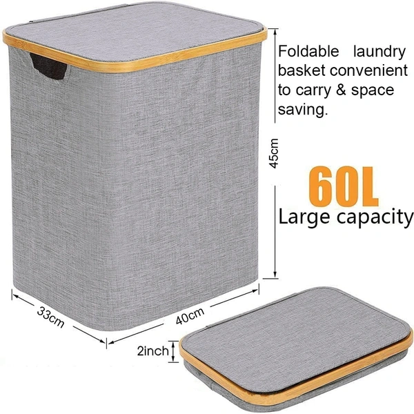 LUXE HOME INTERNATIONAL Laundry Basket for Clothes, Premium Bamboo Storage Bag with Lid Multipurpose Used In Laundry Rooms, Bedrooms, Bathrooms (40x45x33 cm, Grey) - 40X33X45CM, Grey