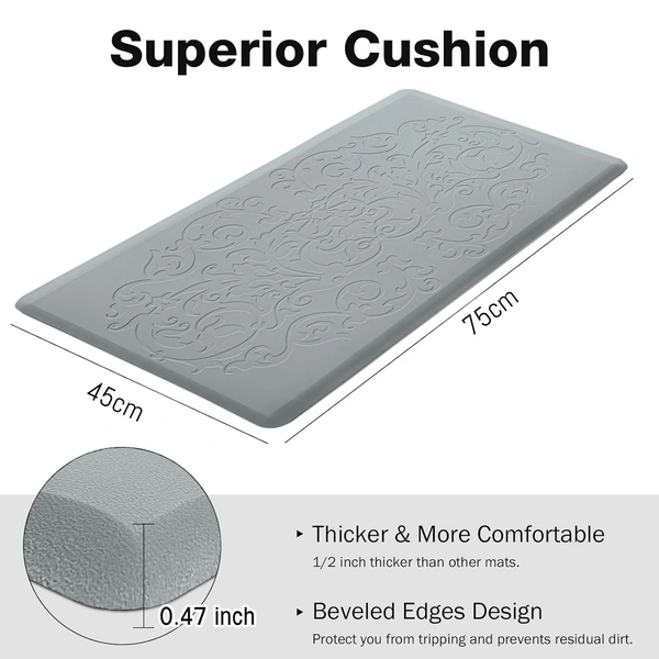 LUXE HOME INTERNATIONAL Anti-Fatigue (45x75 cm) Kitchen Mat – Cushioned Support, Stylish and Durable, Easy to Clean, Non-Slip Bottom – Ideal for Kitchen, Desk, Laundry, Garage - 45x75 cm, Silver