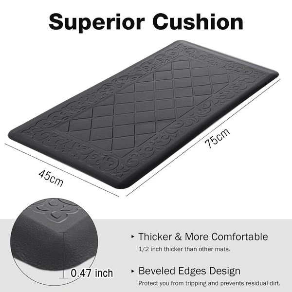 LUXE HOME INTERNATIONAL Anti-Fatigue (45x75 cm) Kitchen Mat – Cushioned Support, Stylish and Durable, Easy to Clean, Non-Slip Bottom – Ideal for Kitchen, Desk, Laundry, Garage - 45x75 cm, Black