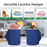 LUXE HOME INTERNATIONAL Round Fabric Storage Basket with Bamboo Handles - Durable Toy Organizer and Laundry Hamper - Collapsible Blue Storage Bin for Kids' Room, Nursery, and Home - 45x50 cm, Navy