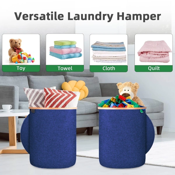 LUXE HOME INTERNATIONAL Round Fabric Storage Basket with Bamboo Handles - Durable Toy Organizer and Laundry Hamper - Collapsible Blue Storage Bin for Kids' Room, Nursery, and Home - 45x50 cm, Navy