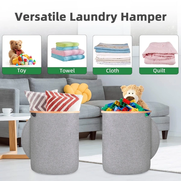 LUXE HOME INTERNATIONAL Round Fabric Storage Basket with Bamboo Handles - Durable Toy Organizer and Laundry Hamper - Collapsible Blue Storage Bin for Kids' Room, Nursery, and Home - 45x50 cm, Grey