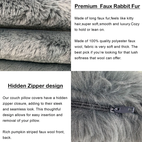 LUXE HOME INTERNATIONAL Luxurious Plush Cushion Covers Set of 2, 16x16 Inch, Soft Faux Fur Decorative Cushion Covers for Sofa, Chair, Bed, and Bedroom - Ideal for Kids, Cozy - 16"x16", Grey