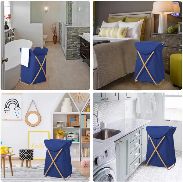 LUXE HOME INTERNATIONAL Laundry Basket for Clothes, Premium Bamboo Big Storage Bag with Lid Multipurpose Used In Laundry Rooms, Bedrooms, Bathrooms (40x70 cm, Navy Blue) - 40X36X70CM, Navy Blue, Lx_Landry Basket_Navy_40x70