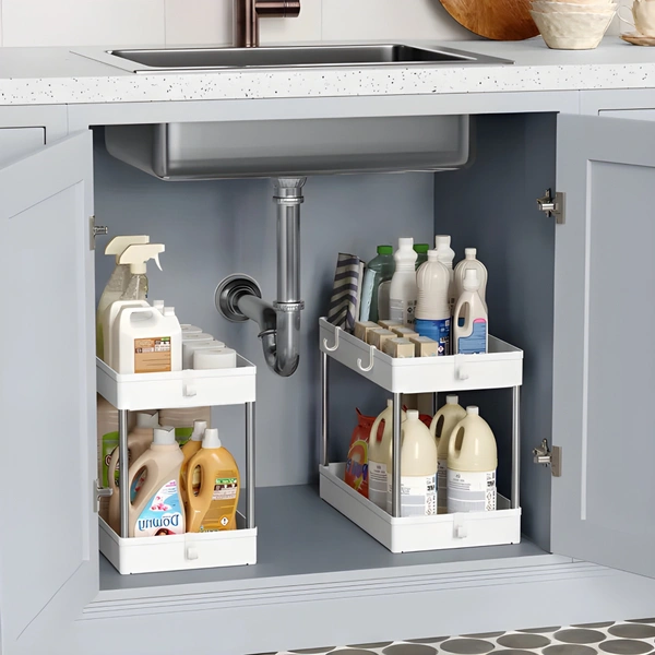 LUXE HOME INTERNATIONAL Stainless Steel Plastic 2 Layer Multi-Purpose Basket Rack for Kitchen, Bathroom, Living, House, Office (Medium) - 40 x 22 x 31 cm, White