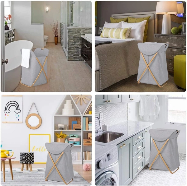 LUXE HOME INTERNATIONAL Laundry Basket for Clothes, Premium Bamboo Big Storage Bag with Lid Multipurpose Used In Laundry Rooms, Bedrooms, Bathrooms - 40x70 cm, Grey