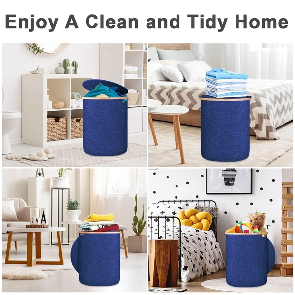 LUXE HOME INTERNATIONAL Round Fabric Storage Basket with Bamboo Handles - Durable Toy Organizer and Laundry Hamper - Collapsible Blue Storage Bin for Kids' Room, Nursery, and Home - 45x50 cm, Navy