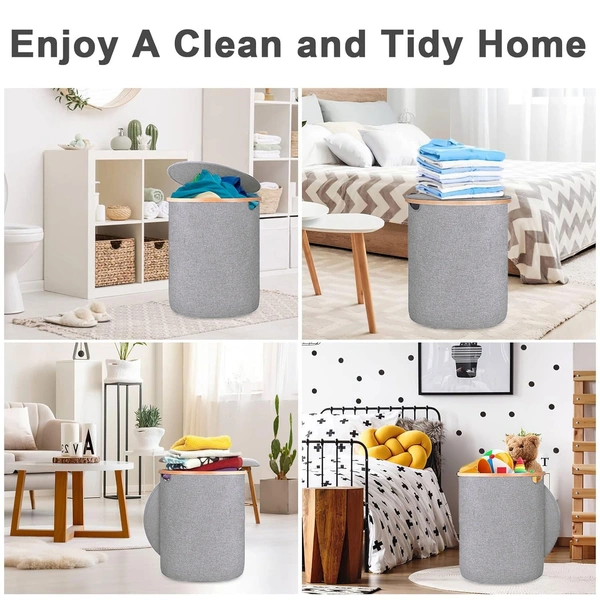 LUXE HOME INTERNATIONAL Round Fabric Storage Basket with Bamboo Handles - Durable Toy Organizer and Laundry Hamper - Collapsible Blue Storage Bin for Kids' Room, Nursery, and Home - 45x50 cm, Grey