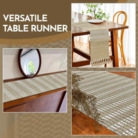 LUXE HOME INTERNATIONAL Elegant Beige and White Woven Table Runner with Tassels - 100% Cotton Jute-Look, 13 x 74 Inch, Stripe - Perfect for Dining Table, Center Table, Décor - 13x74 Inch, Beige